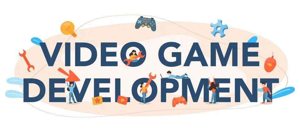 Game development typographic header. Creative process of a computer video Stock Illustration