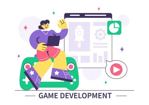 Game Development Vector Illustration Featuring Games, Digital Technology, P.. Stock Illustration