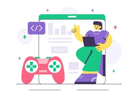 Game Development Vector Illustration Featuring Games, Digital Technology, P.. Stock Illustration