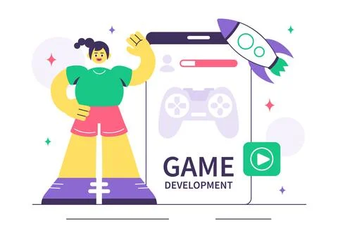 Game Development Vector Illustration Featuring Games, Digital Technology, P.. Stock Illustration