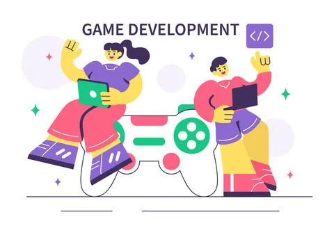 Game Development Vector Illustration Featuring Games, Digital Technology, P.. Stock Illustration