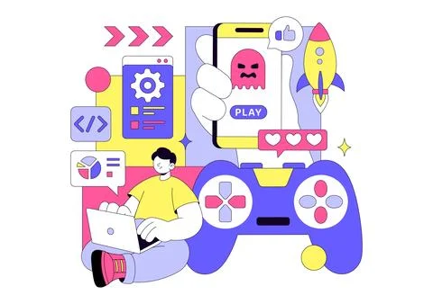 Game Development Vector Illustration Featuring Games, Digital Technology, P.. イラスト素材