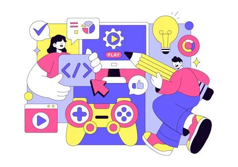 Game Development Vector Illustration Featuring Games, Digital Technology, P.. 스톡 일러스트