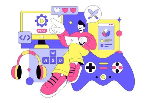 Game Development Vector Illustration Featuring Games, Digital Technology, P.. イラスト素材