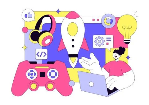 Game Development Vector Illustration Featuring Games, Digital Technology, P.. Stock Illustration