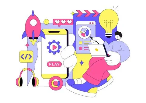 Game Development Vector Illustration Featuring Games, Digital Technology, P.. Illustrazione stock