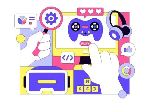 Game Development Vector Illustration Featuring Games, Digital Technology, P.. イラスト素材