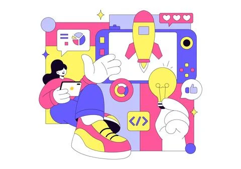 Game Development Vector Illustration Featuring Games, Digital Technology, P.. Illustrazione stock