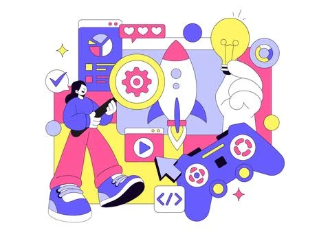 Game Development Vector Illustration Featuring Games, Digital Technology, P.. Illustrazione stock