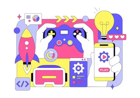 Game Development Vector Illustration Featuring Games, Digital Technology, P.. Stock Illustration