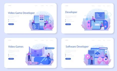 Game development web banner or landing page set. Creative process Stock Illustration