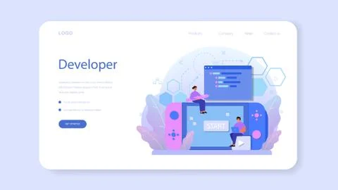 Game development web banner or landing page. Creative process Stock Illustration