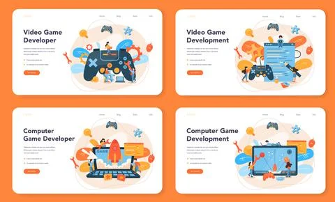 Game development web banner or landing page set. Creative process 스톡 일러스트
