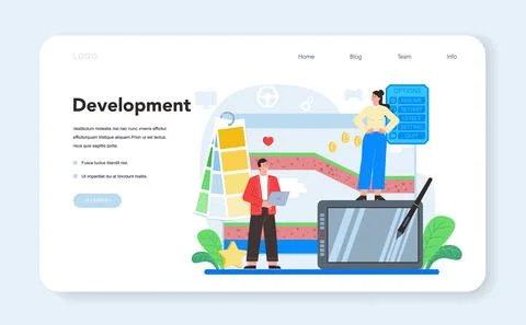 Game development web banner or landing page. Creative process Stock Illustration