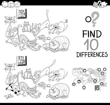 Game of differences with cats Black and White Cartoon Illustration of Find... Stock Photos