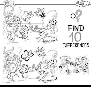 Game of differences for coloring Black and White Cartoon Illustration of F... Stock Photos
