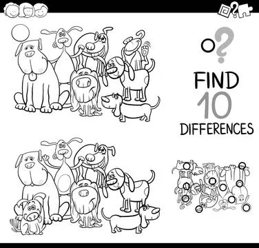 Game of differences with dogs Black and White Cartoon Illustration of Find... Stock Photos