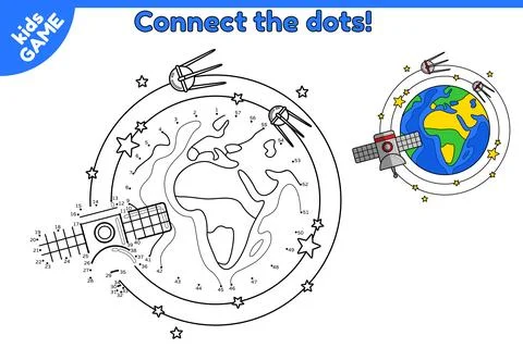 Game dot to dot draw cartoon planet Earth in space Stock Illustration
