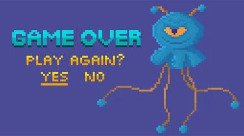 Game end and restart selection interface. Pixel game home page. Blue monster Stock Illustration