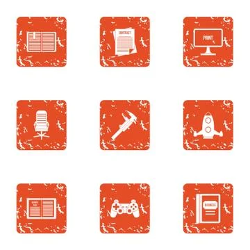 Game error icons set, grunge style Stock Illustration