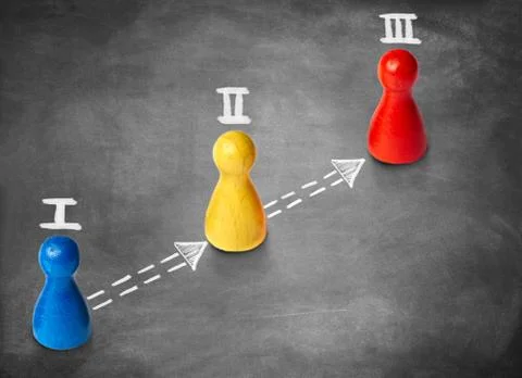 Game figures symbolize three steps or milestones on chalk backgr Stock Photos