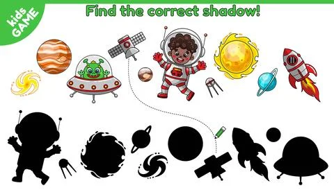Game Find the correct shadow with afro astronaut Stock Illustration