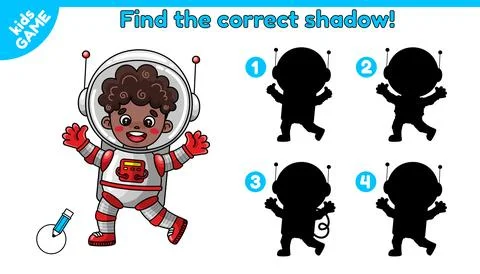 Game Find the correct shadow astronaut african boy Stock Illustration
