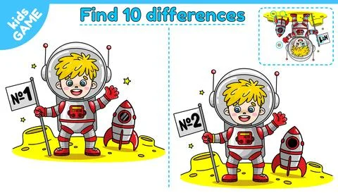 Game Find differences with astronaut boy on moon Stock Illustration