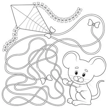 Game, find the right way. Mouse holding a kite. Teaching children logic in a Illustrazione stock