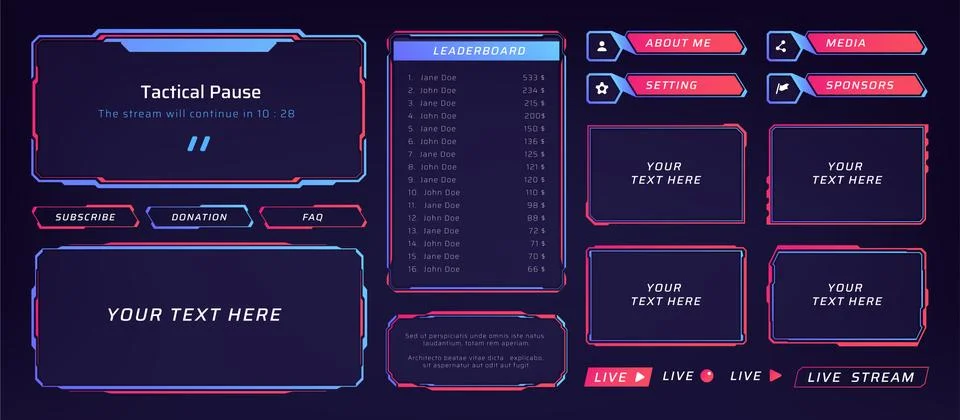 Game frame. Stream overlay banner with buttons and video player UI template Stock Illustration