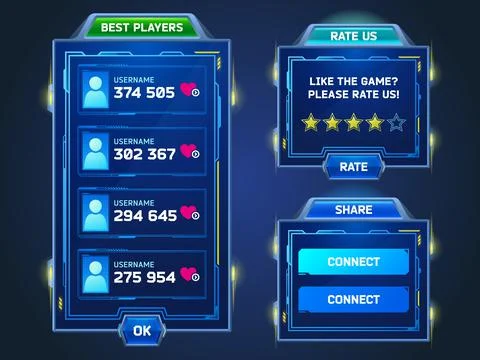 Game frames in sci fi style with best players list 库存插图