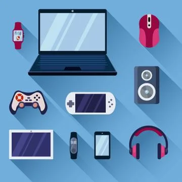 Game gadgets set. Gaming powerful laptop digital tablet stylish joystick game Stock Illustration
