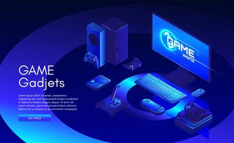 Game gadgets web banner template. Gamers equipment. Game console, controller Stock Illustration