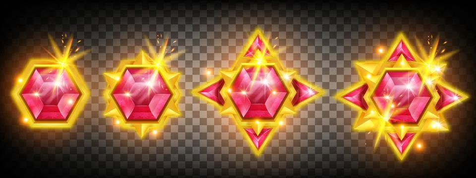 Game gem crystal set, vector diamond jewel stone icon, fire gold achievement Illustrazione stock