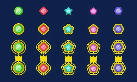 Game gem progress set and cartoon gui icon. Collection level up award amulet  Stock Illustration
