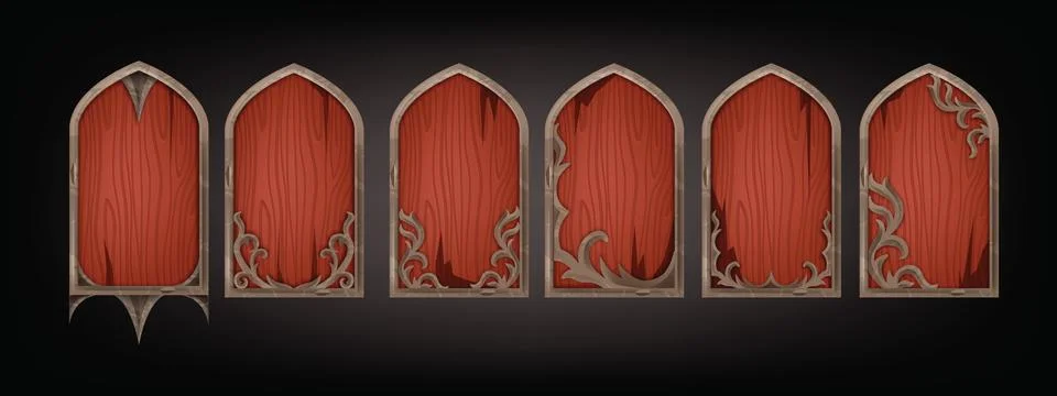 Game gothic window frame set, vector UI fantasy medieval RPG arch Illustrazione stock