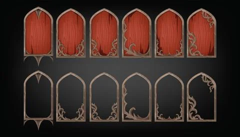 Game gothic window frame set, UI fantasy medieval RPG arch Illustrazione stock
