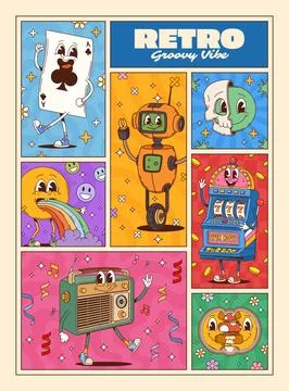 Game groovy characters collage Vector poster Stock Illustration