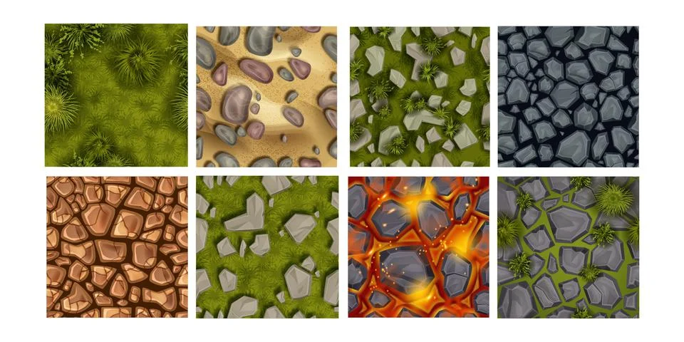 Game ground seamless pattern vector set, cartoon land top view texture Illustrazione stock