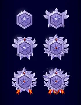 Game icon. Ranking level in hexagon. 3D cartoon blue frame with victory star Stock Illustration