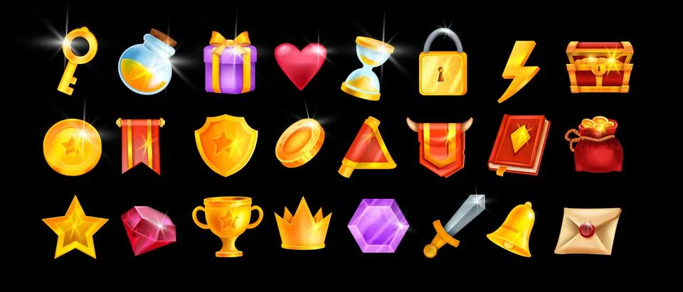 Game icon UI set, vector user casino interface badge kit, golden reward 스톡 일러스트