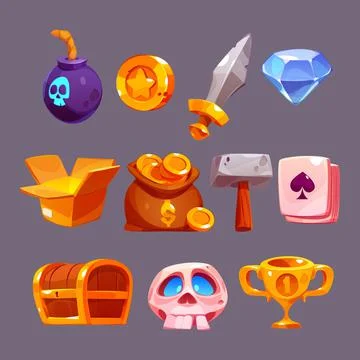 Game icons with bomb, sword, gold cup, skull, coin Stock Illustration