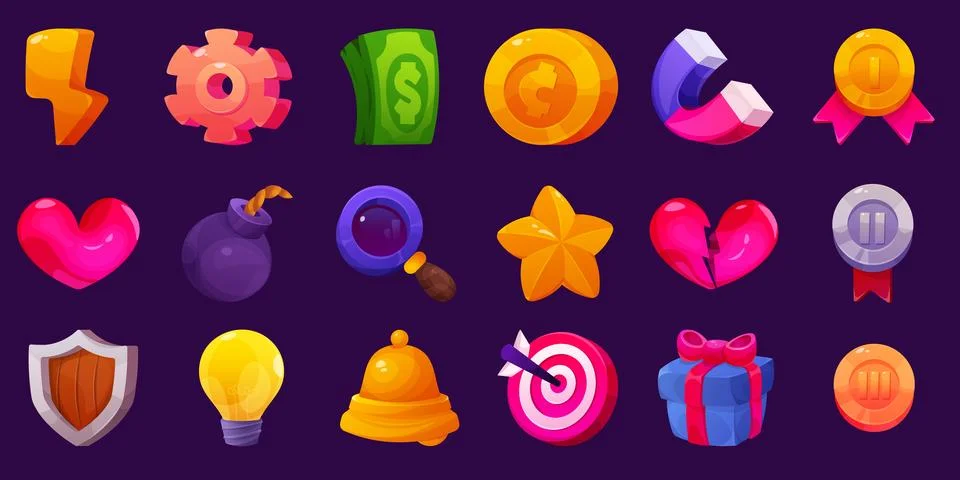 Game icons. GUI elements. Diamond or money coin. 2d gem. Key or casino trophy Illustrazione stock