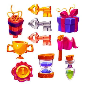 Game icons with keys, dynamite, gift box, flag Stock Illustration