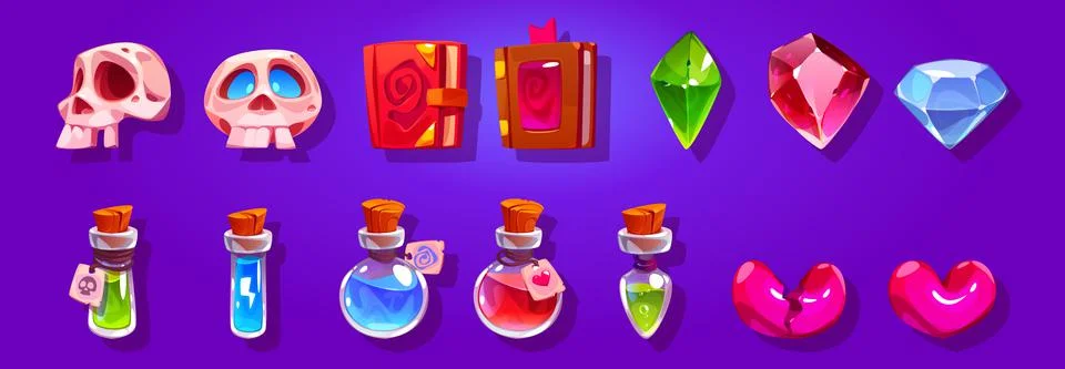 Game icons with magic books, potions, hearts Stock Illustration