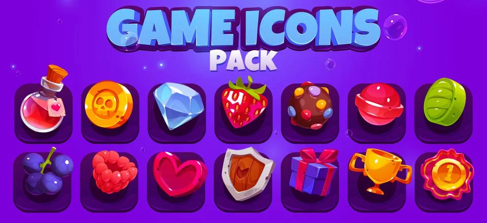 Game icons pack with potion, gold cup, heart Stock Illustration