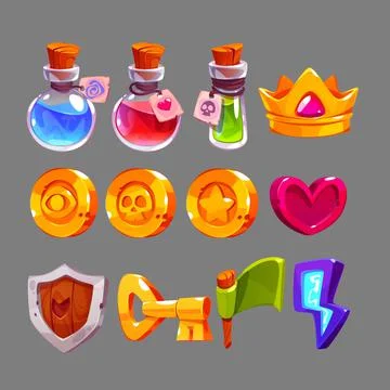 Game icons with potions, gold crown, heart, coins Stock Illustration