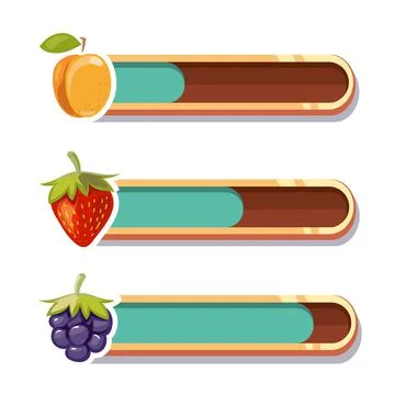 Game interface bars. Cartoon gaming loading panel with fruits. Isolated wood bar Illustrazione stock