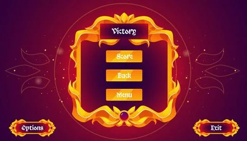 Game interface dashboard with a gold frame and buttons for "Win," "Menu," "Back Stock Illustration
