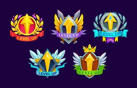 Game interface level up arrow badges and win icons Illustrazione stock